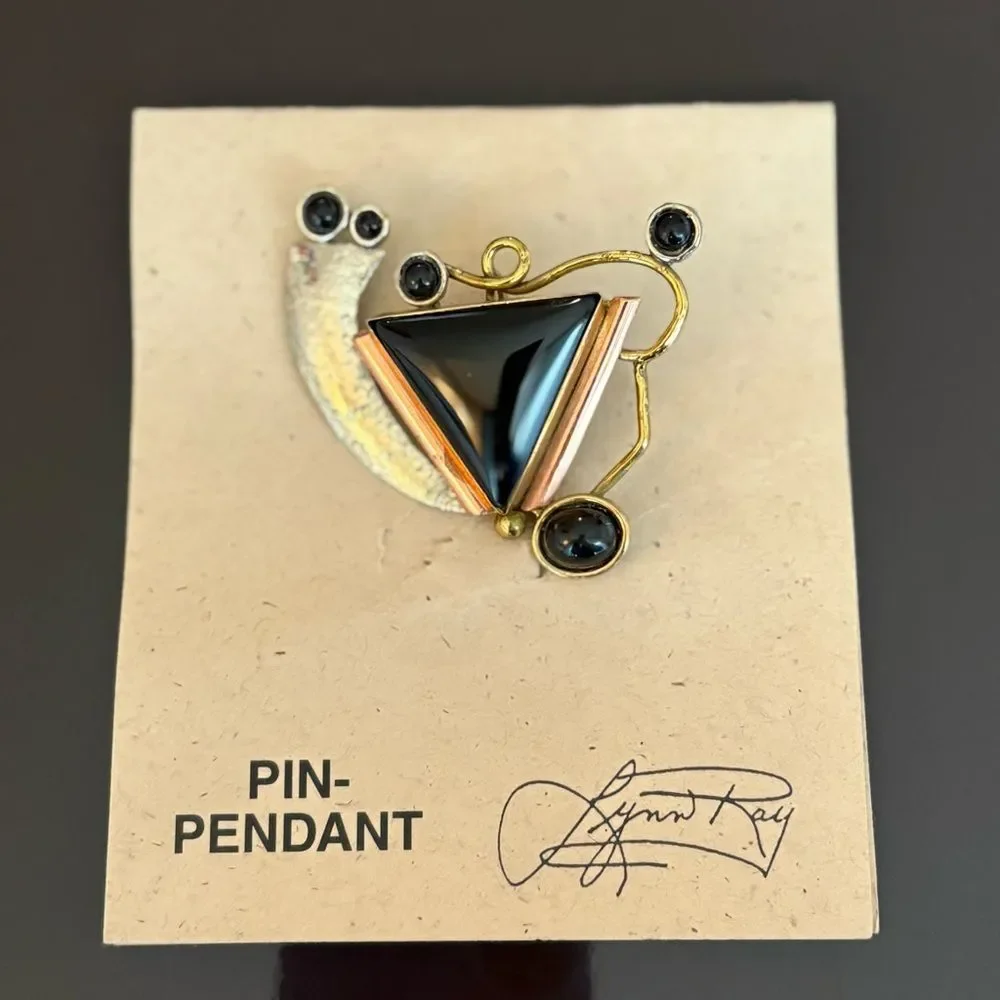 Artisan Onyx Stone & Mixed Metal Geometric Brooch - Picture 3 of 7